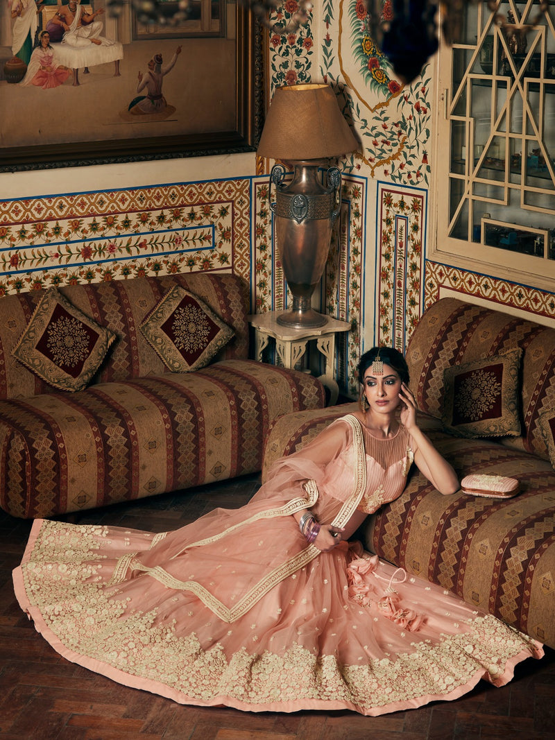 Pink Embroidery Semi Stitched Net Lehenga