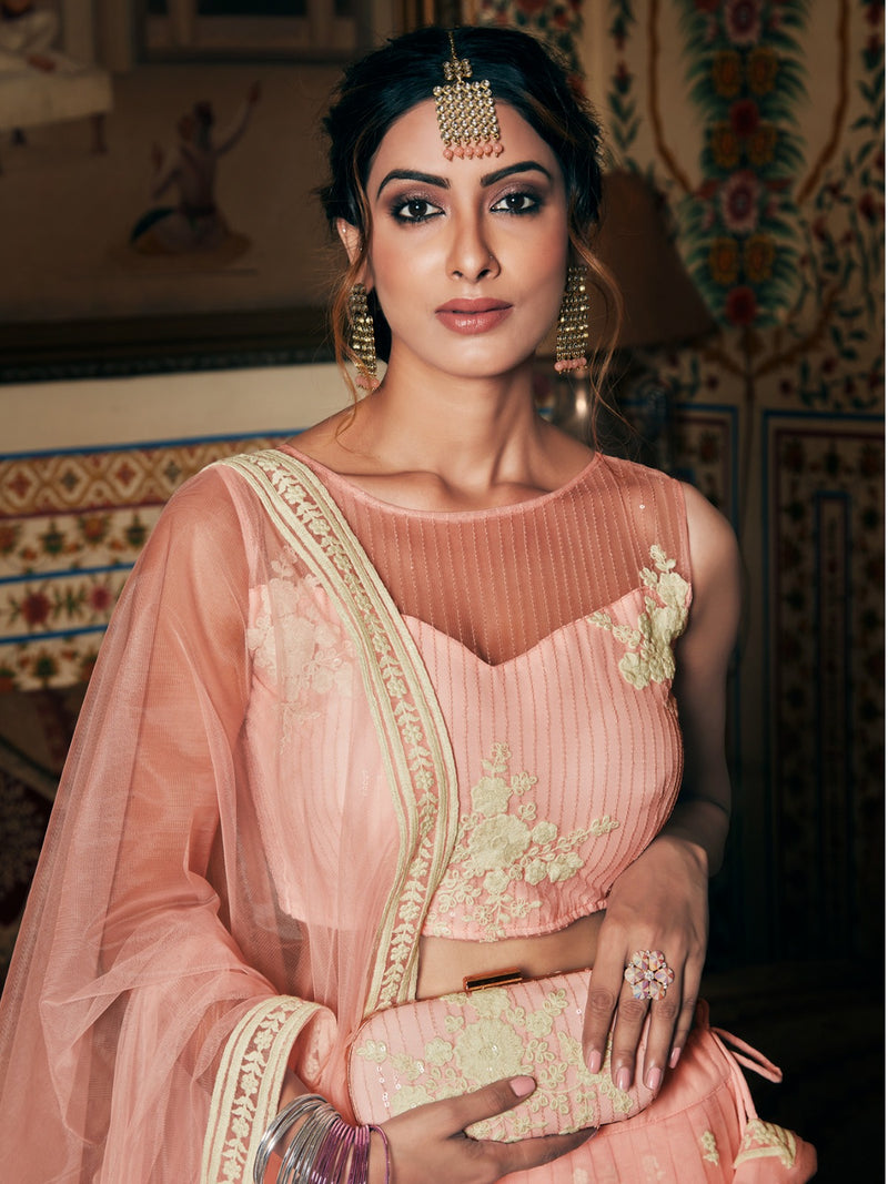 Pink Embroidery Semi Stitched Net Lehenga