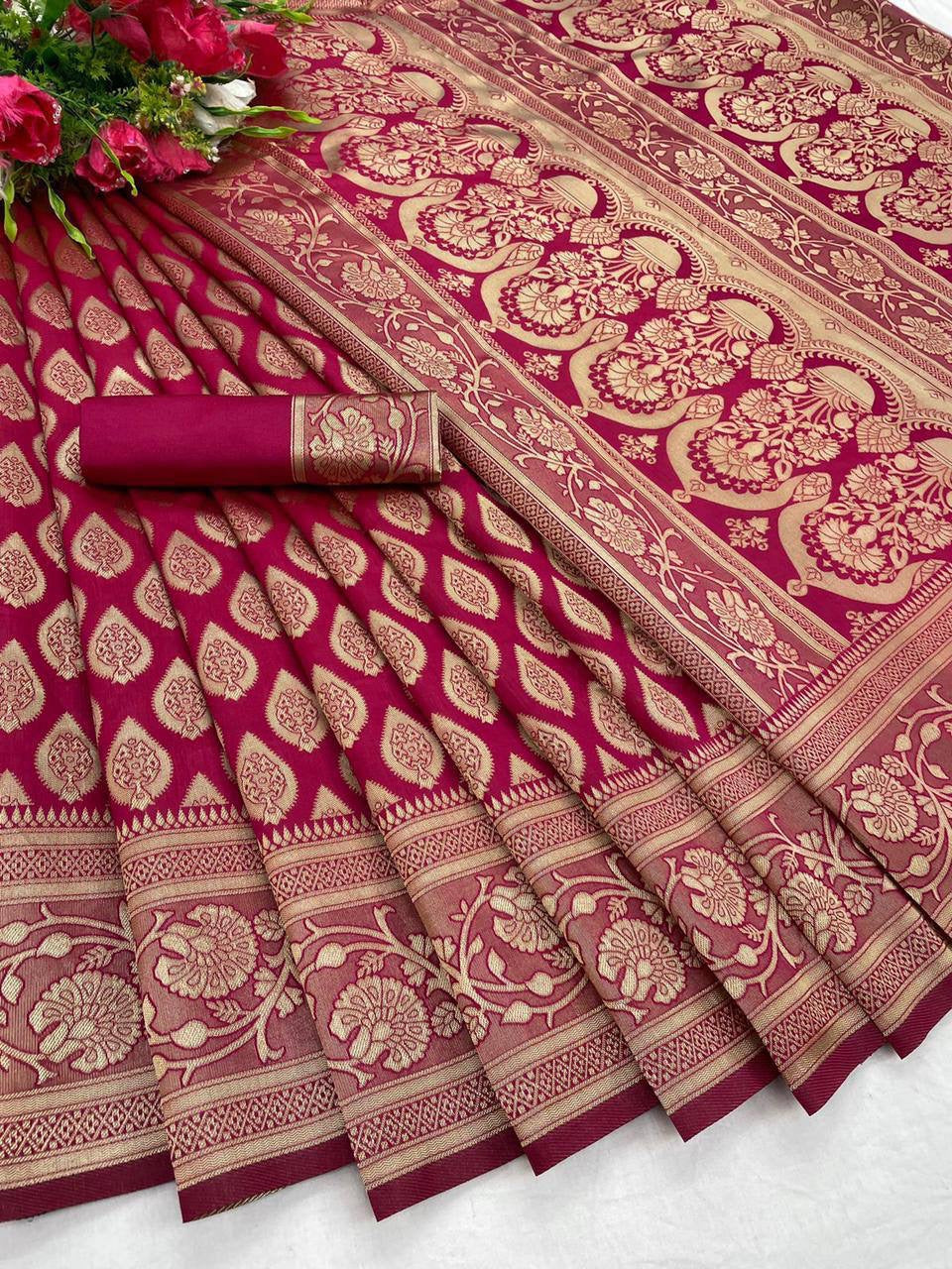 Pink Banarasi Soft Silk Saree With Blouse