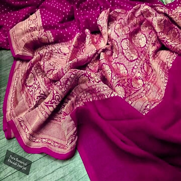 Pink Banarasi khaddi chiffon saree, Khaddi chiffon saree online, Pure khaddi chiffon saree