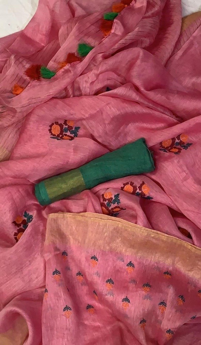 Pink Linen Embroidery Saree, Traditional Saree , Thread Work , Online Saree