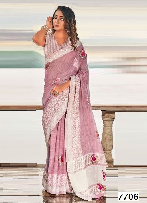 Pink Soft Linen Silk Saree,Shop Now Linen Embroidery Silk Saree Online,Grab Now Linen Embroidery Silk Saree Online