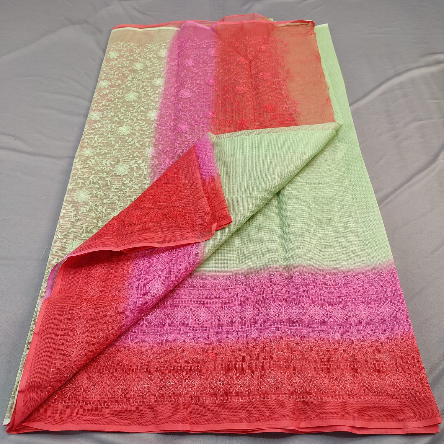 Pista And Pink Hand Embroided Cotton Kota Doria Saree