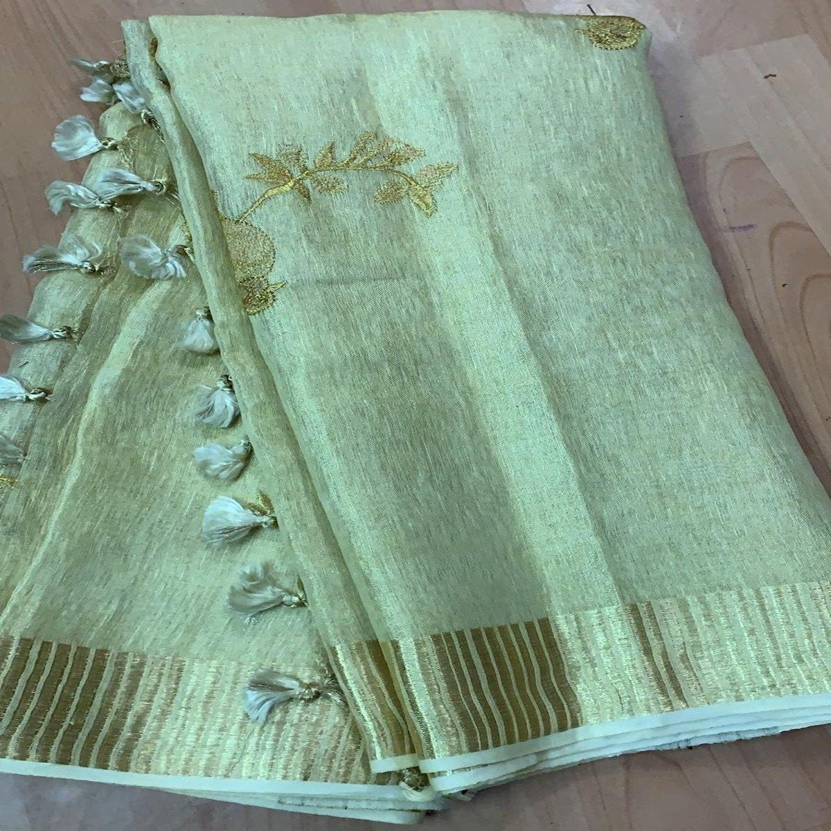Buy Pista Green Linen Tissue Embroidered Saree 
