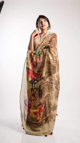 Pure Linen Digital Print Saree In Madhubani Printed