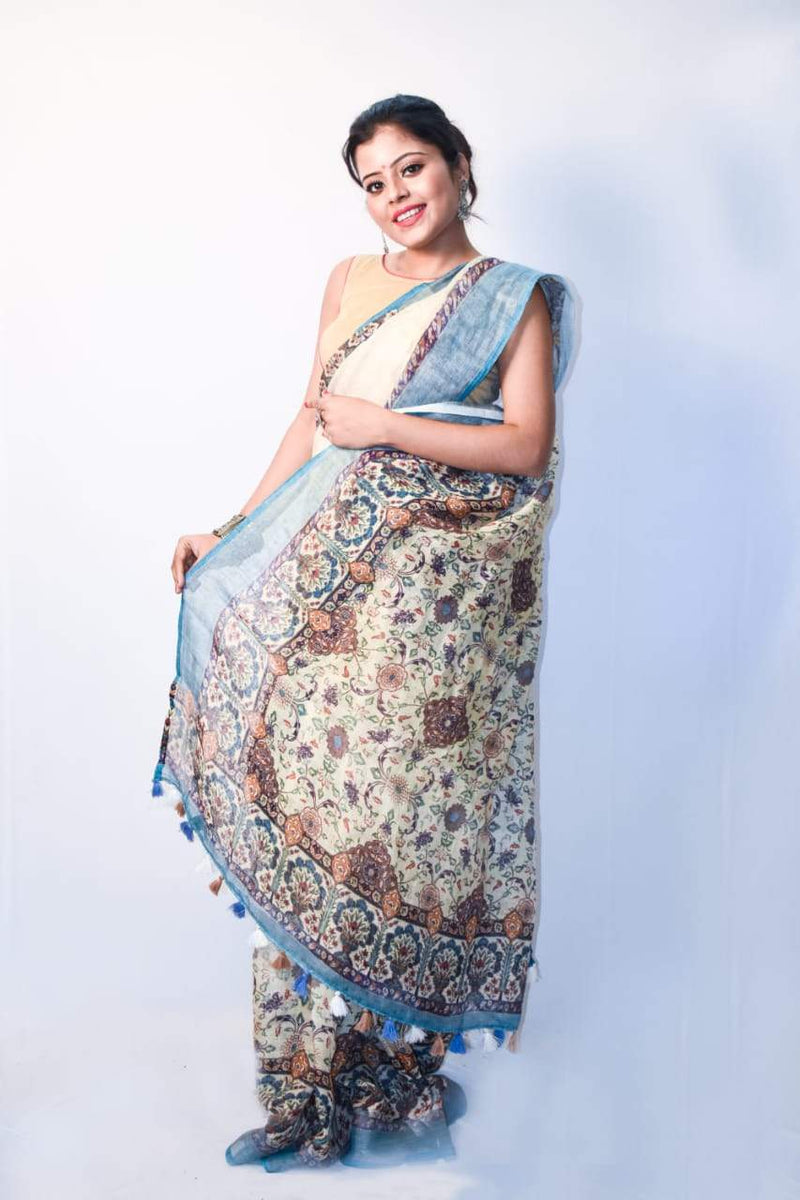 Pure Linen Digital Print Saree In Sky Blue