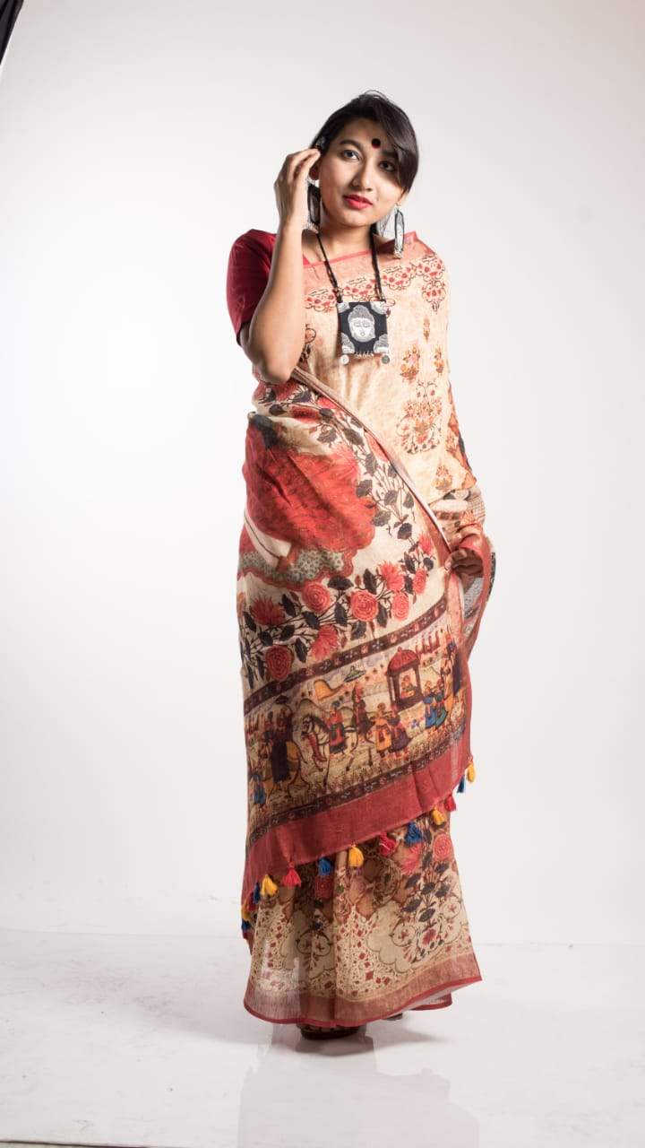 Pure Linen Digital Print Sarees Cream,Latest Digital Print Saree ,Shop Floral Print Saree Best Rates