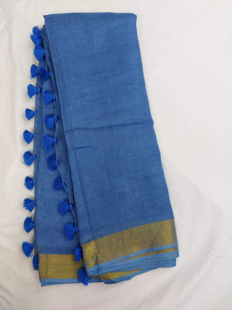 Pure Linen Saree Blue,Best rates of line sarees in india, wholesale linen sarees online 