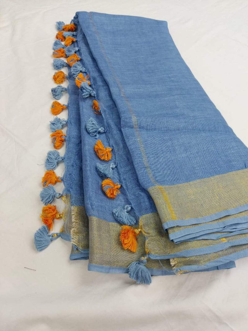 Pure Linen Saree Blue With Golden Border,floral linen sarees, line sarees online, digital printed linen sarees