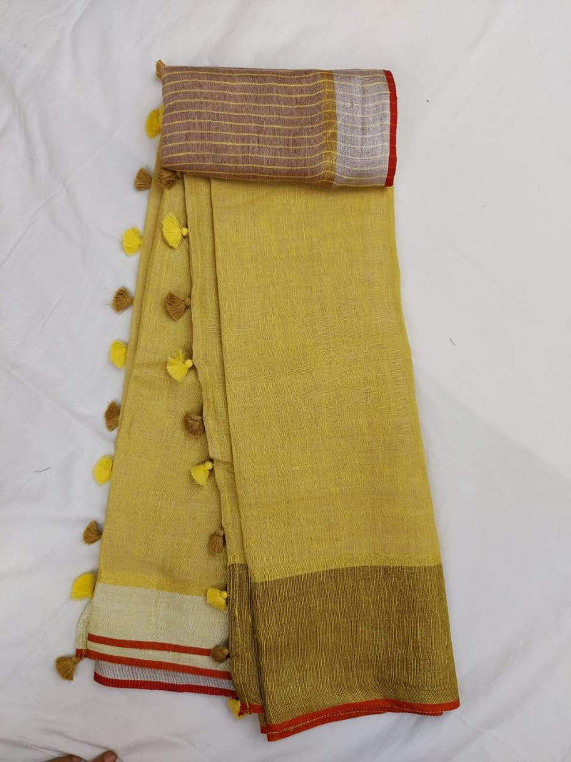 Pure Linen Saree Yellow With Border,authentic linen saree, digital printed linen saree, line sarees online 