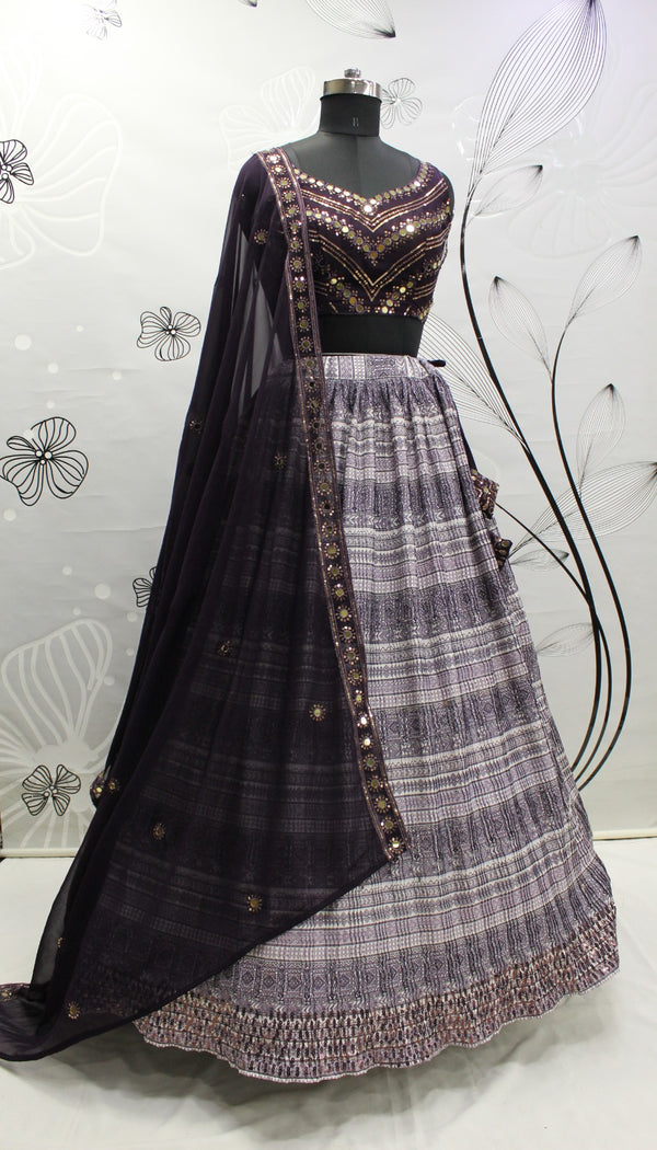 Purple Mirror Work Art Silk Lehenga