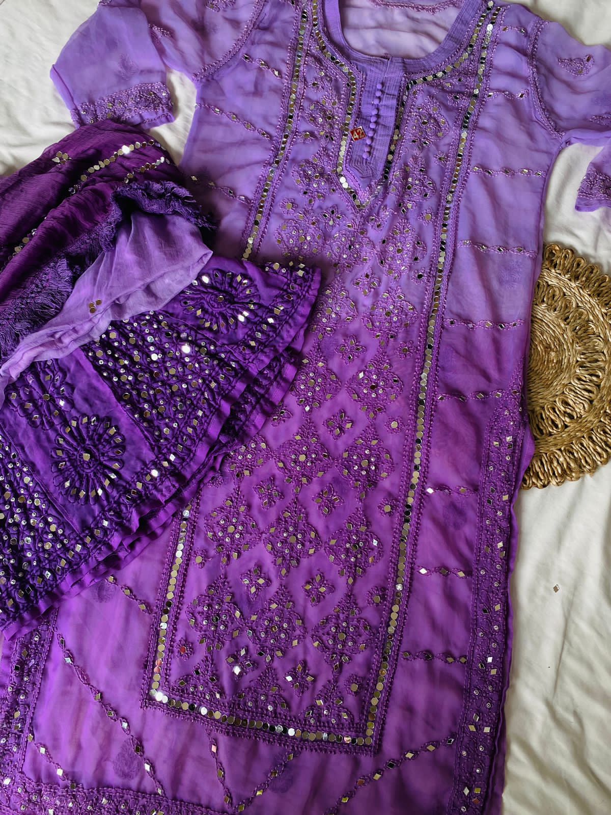 purple chikankari sharara suit