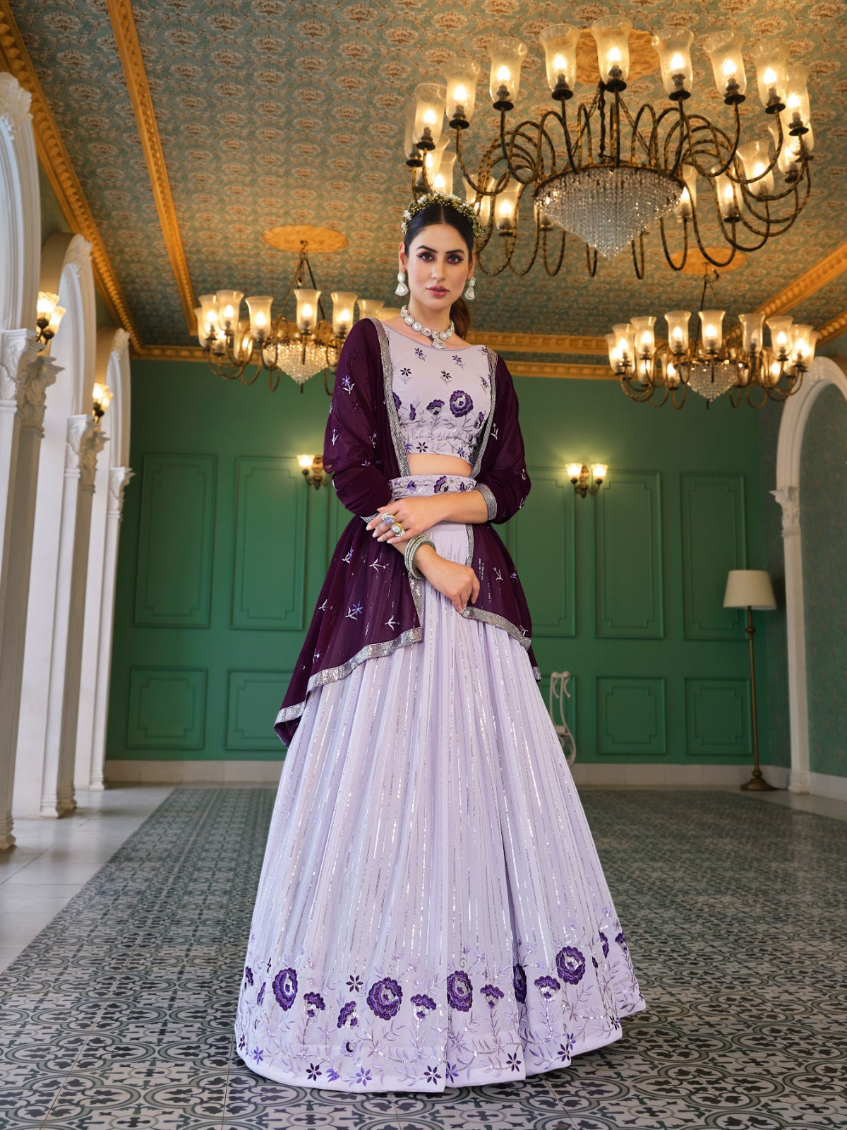 Purple Embroidery And Sequin Semi Stitched Lehenga