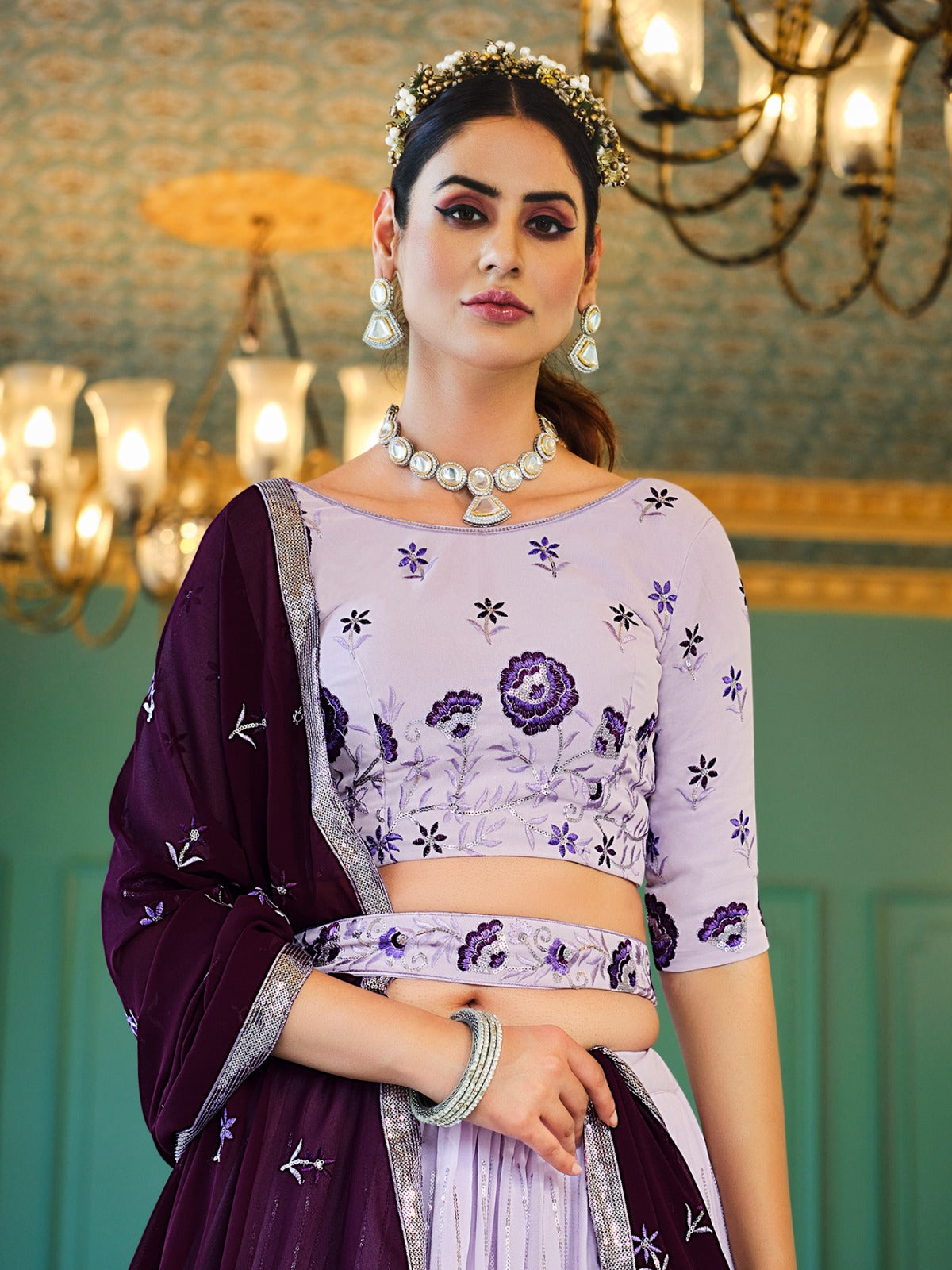 Purple Embroidery And Sequin Semi Stitched Lehenga