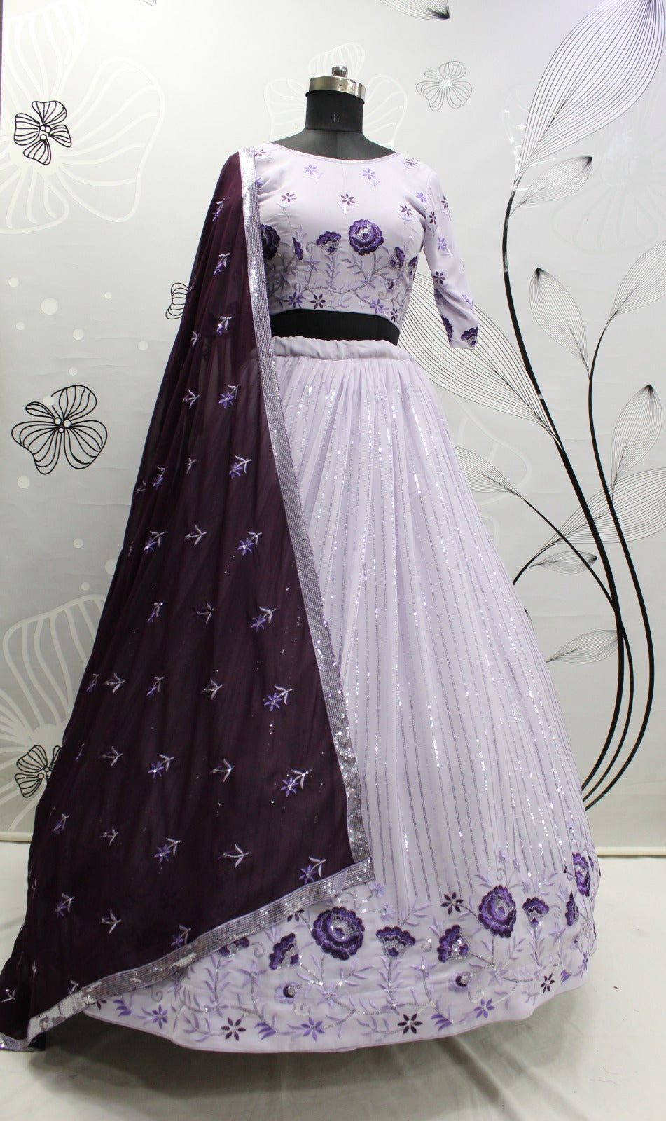 Purple Embroidery And Sequin Semi Stitched Lehenga