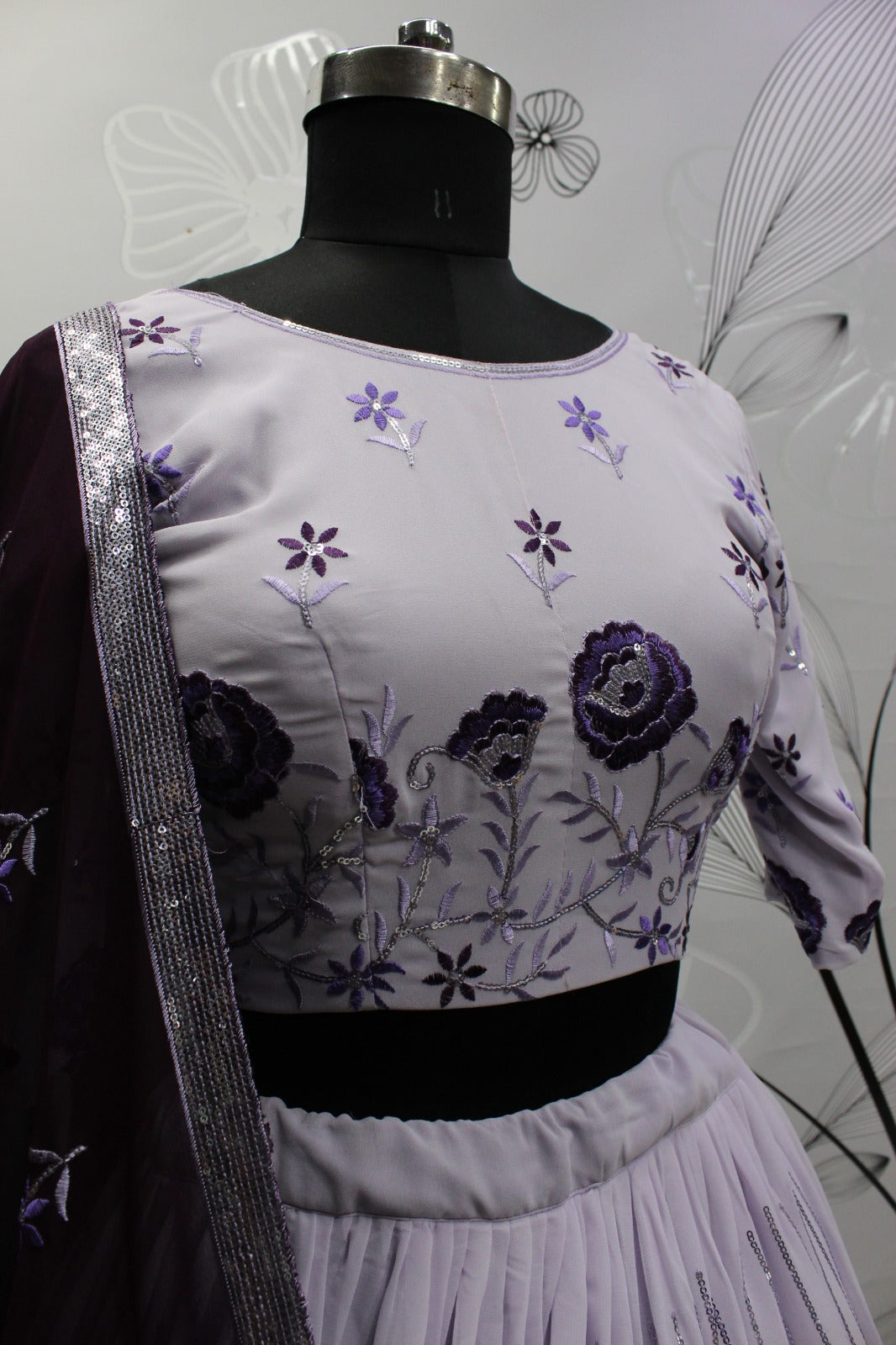 Purple Embroidery And Sequin Semi Stitched Lehenga