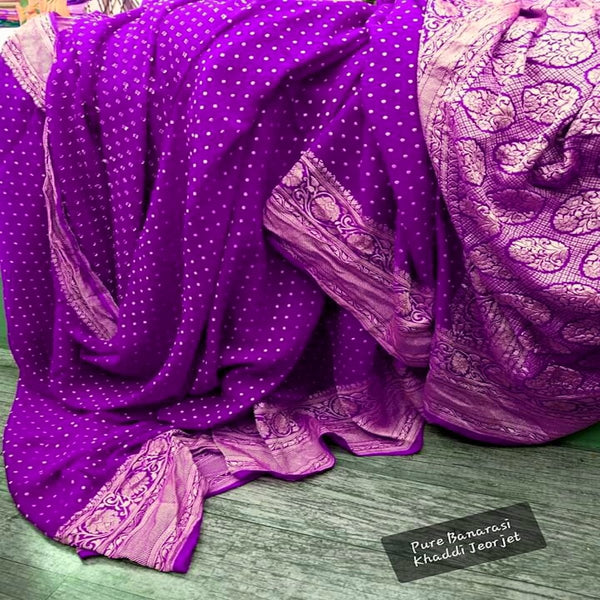 Purple Banarasi khaddi chiffon saree, Pure khaddi Banarasi saree, Khaddi Banarasi saree