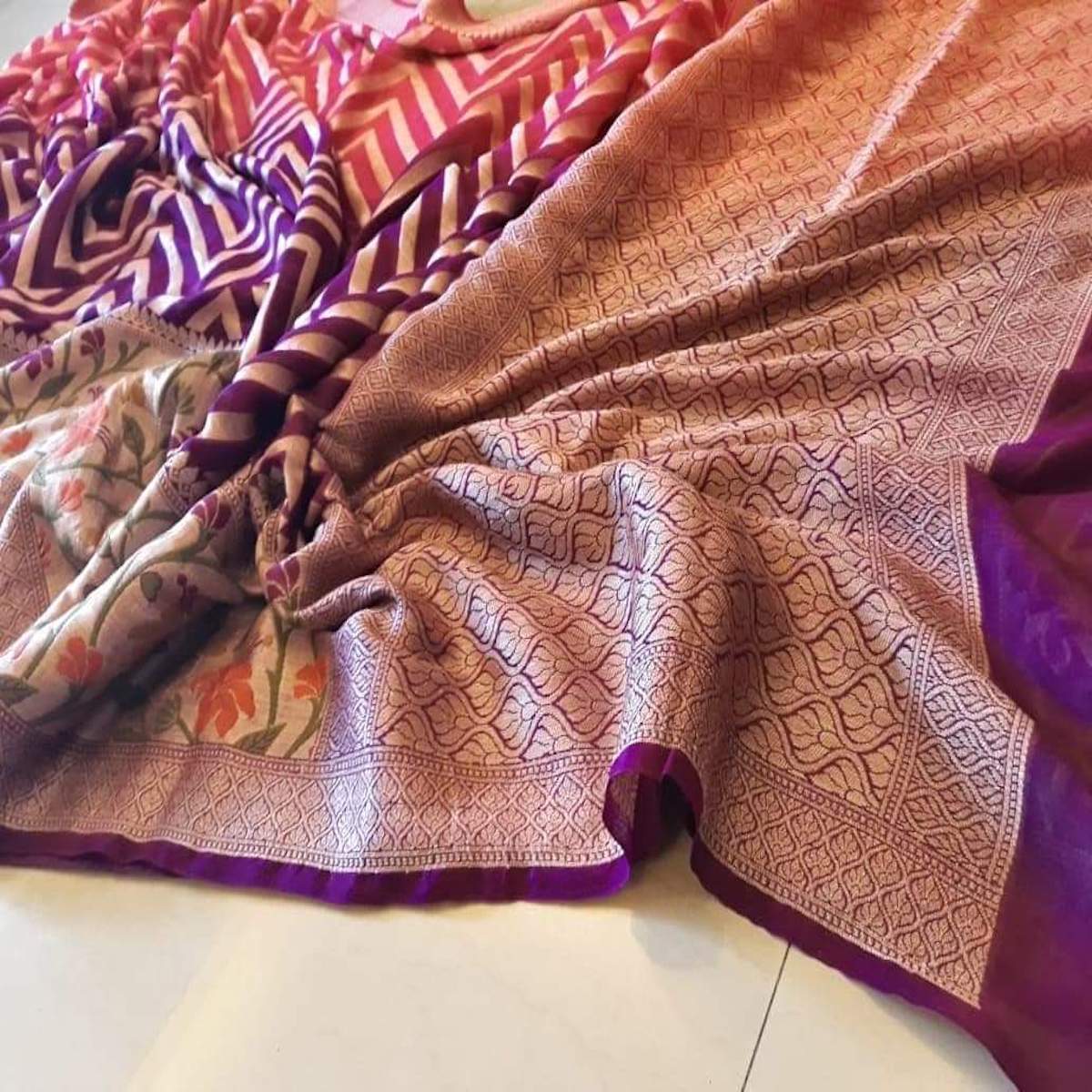 Banarasi khaddi saree with meenakari work in purple and pink