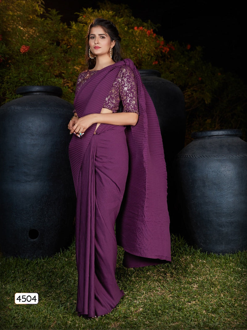 Purple Silk Pleating Work Saree,Shop Now Silk Pleated Saree Online,Grab Now Silk Deepika Saree Saree Online