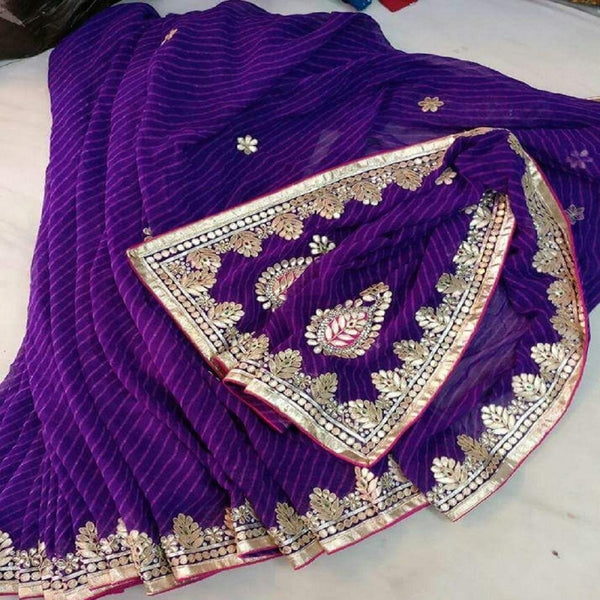 Purple Laharia Gota Patti Work Saree,Grab Now,Multicolour Chiffon Saree,Steal Now,Mirror Work Saree
