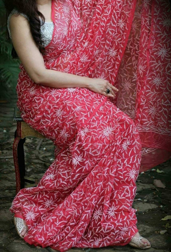 Red Lucknowi Tepechi Work Saree