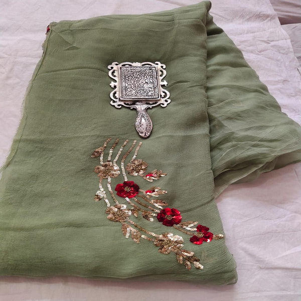 Rajputi Chiffon Handwork Saree In Green,Grab Now,Multicolour Chiffon Saree,Steal Now,Mirror Work Saree
