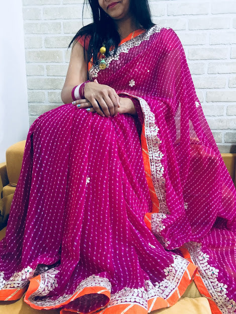 Karwachauth Mothra Gota Patti Work Saree In Pink,Buy Now,Traditional Saree,Shop Now,Bandhej Saree