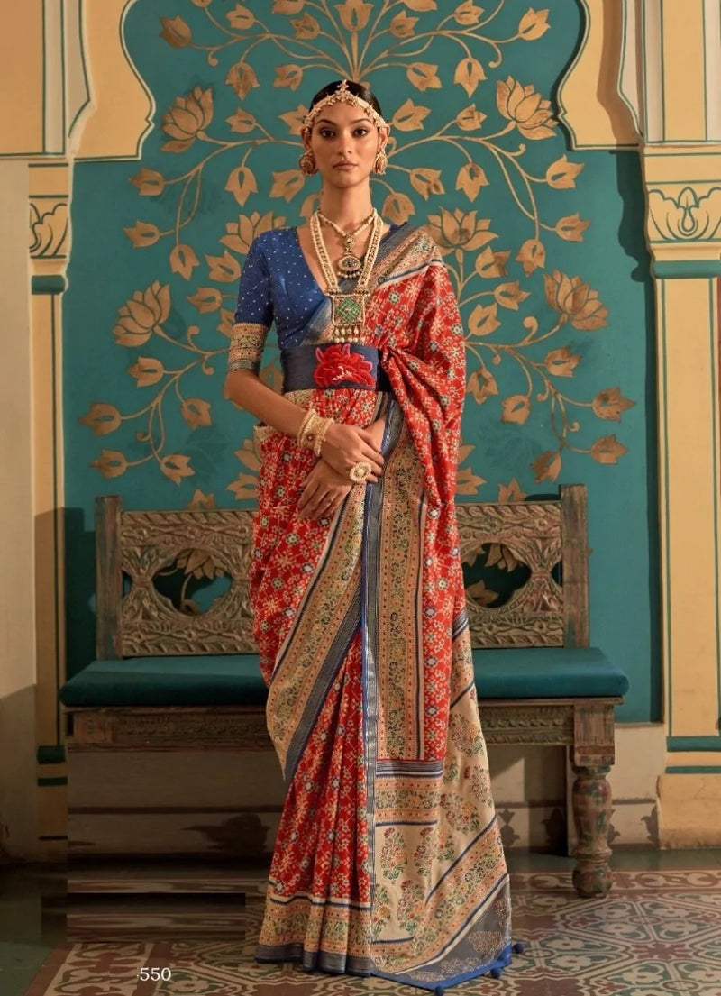 Red And Blue Patola Silk Saree With Contrast Blouse