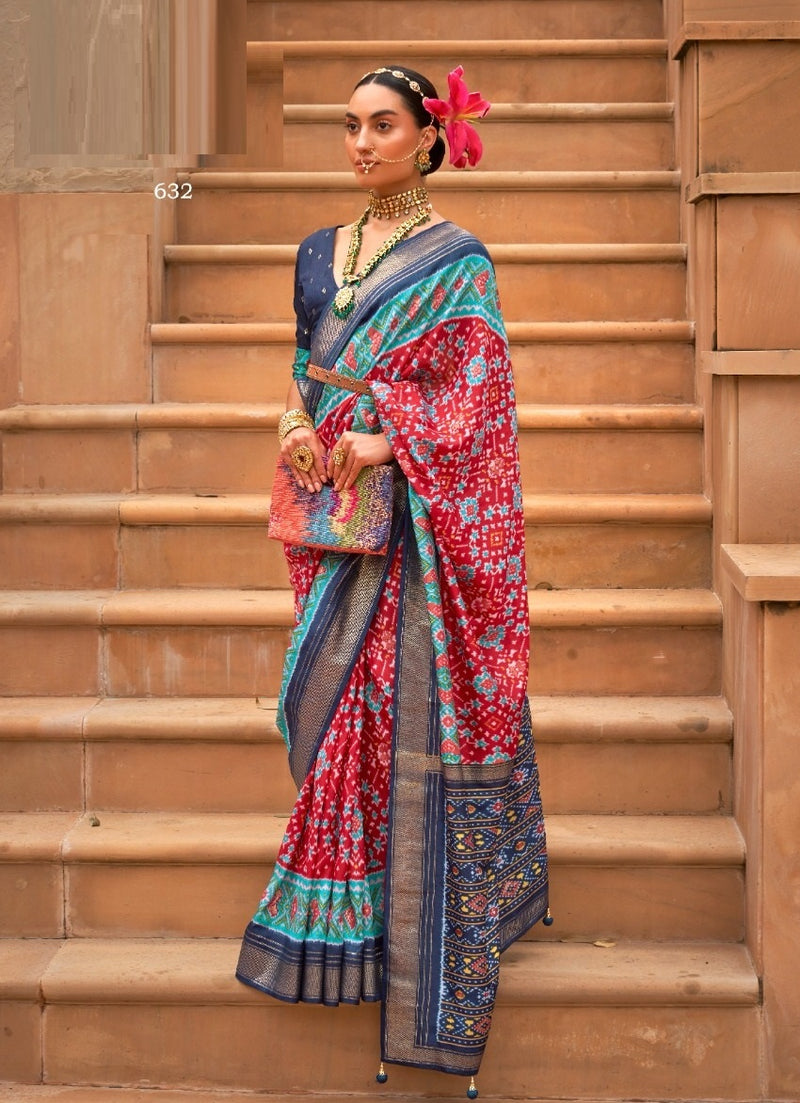 Red And Blue Patola Silk Saree