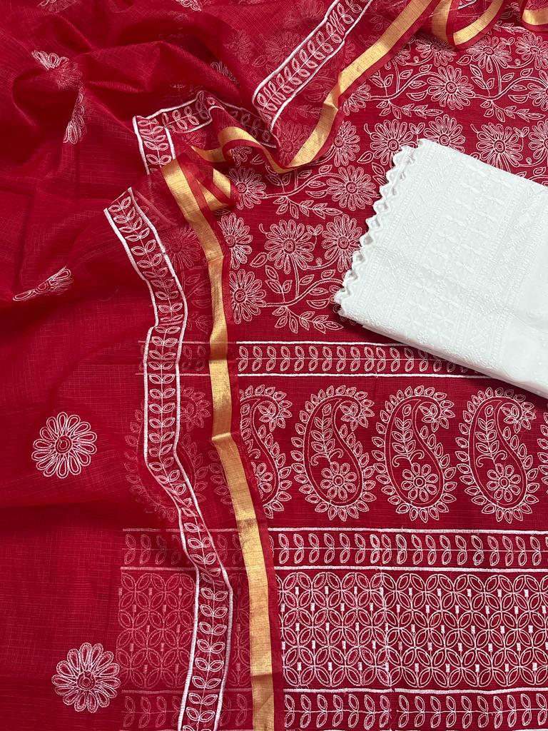 Red Embroided Kota Doria Cotton Suit Fabric With Dupatta