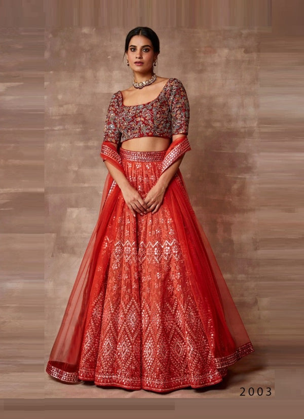 Red Organza Sequin Work Lehenga