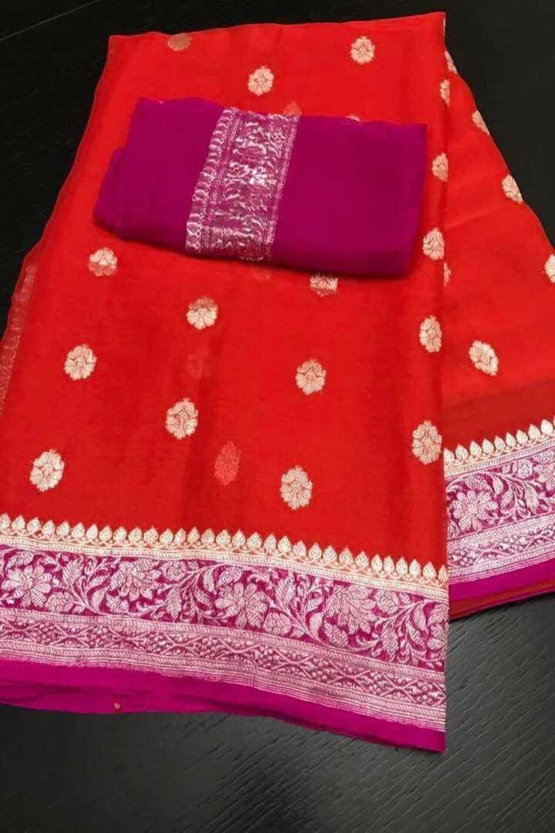 Festive Red And Pink Banarsee Khaddi Chiffon Buti Saree
