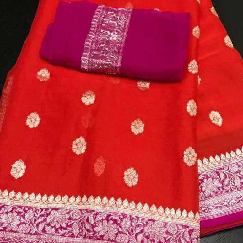 Karwachauth Red And Pink Banarsee Khaddi Chiffon Saree,Wedding Saree, Indian Sarees, Online Sarees