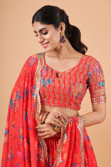 Red Zari & Embroidery Semi Stitched Lehenga