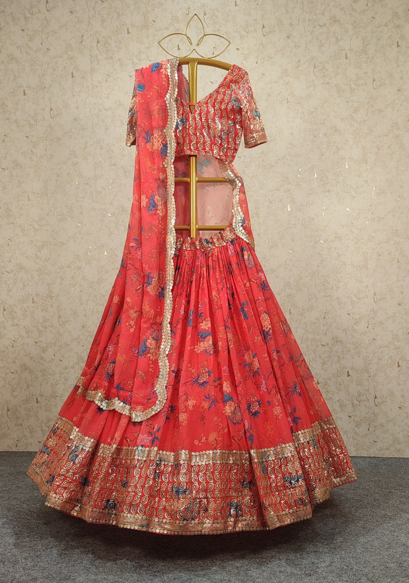 Red Zari & Embroidery Semi Stitched Lehenga