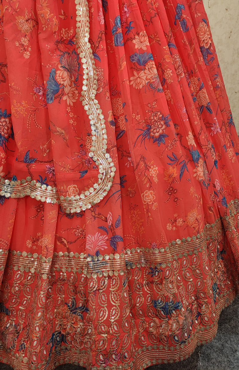 Red Zari & Embroidery Semi Stitched Lehenga