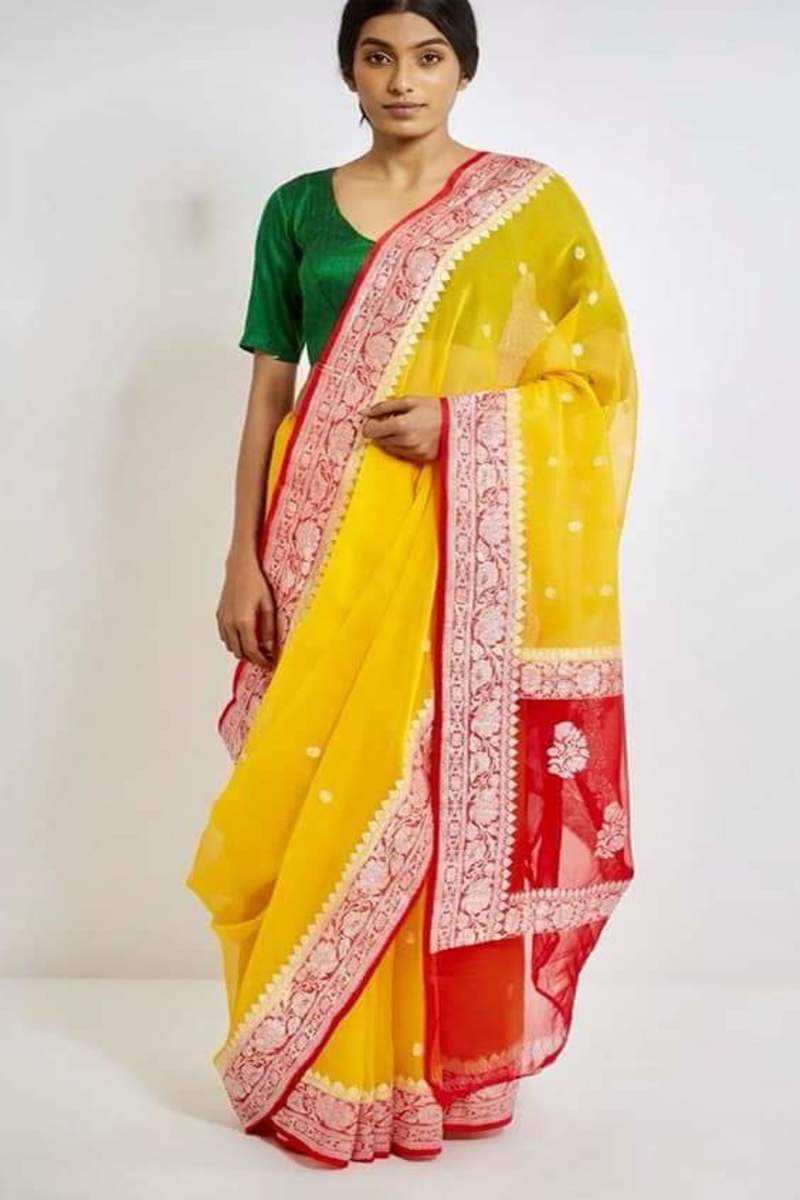 Yellow and Red Banarasi Khaddi Chiffon saree, Khaddi chiffon saree online, Pure khaddi chiffon saree