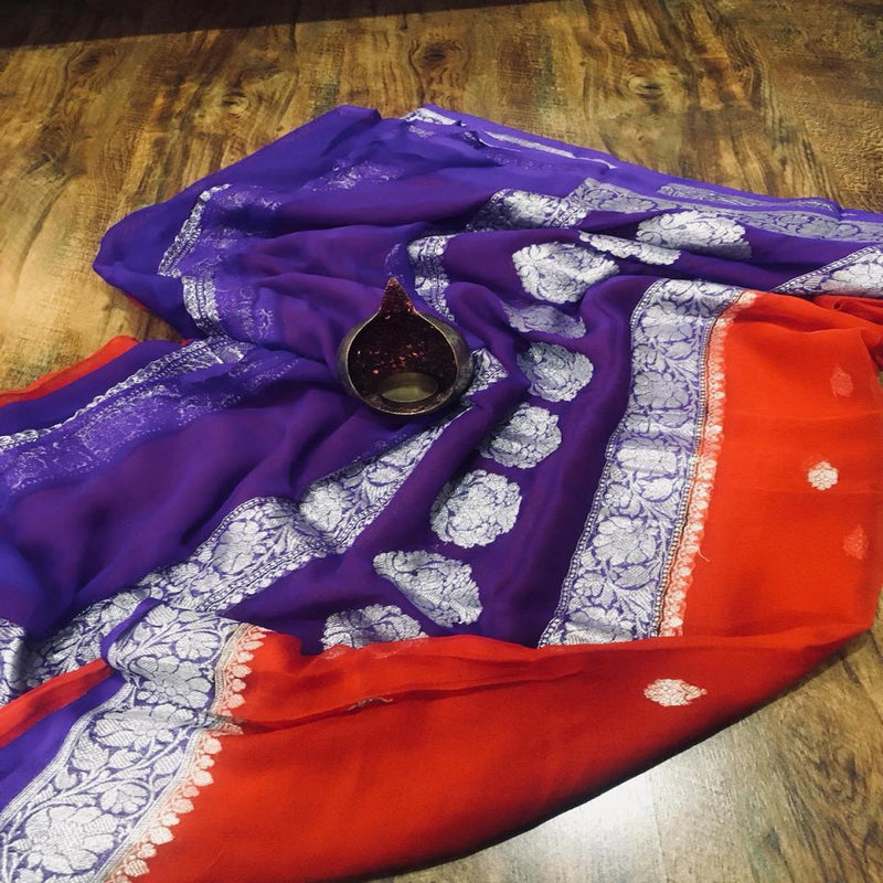 Red And Blue Banarasi Khaddi Georgette Saree,Wedding Saree, Indian Sarees, Online Sarees