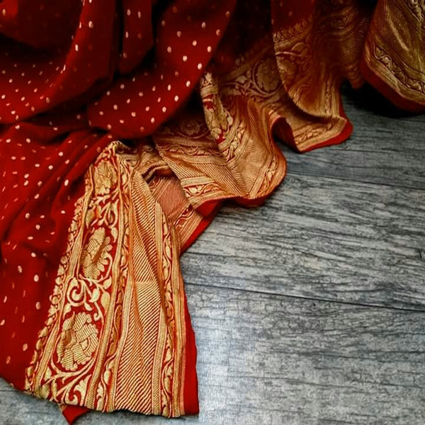 Red Banarasi khaddi chiffon saree, Pure Khaddi Georgette Sarees, Pure banarasi saree online