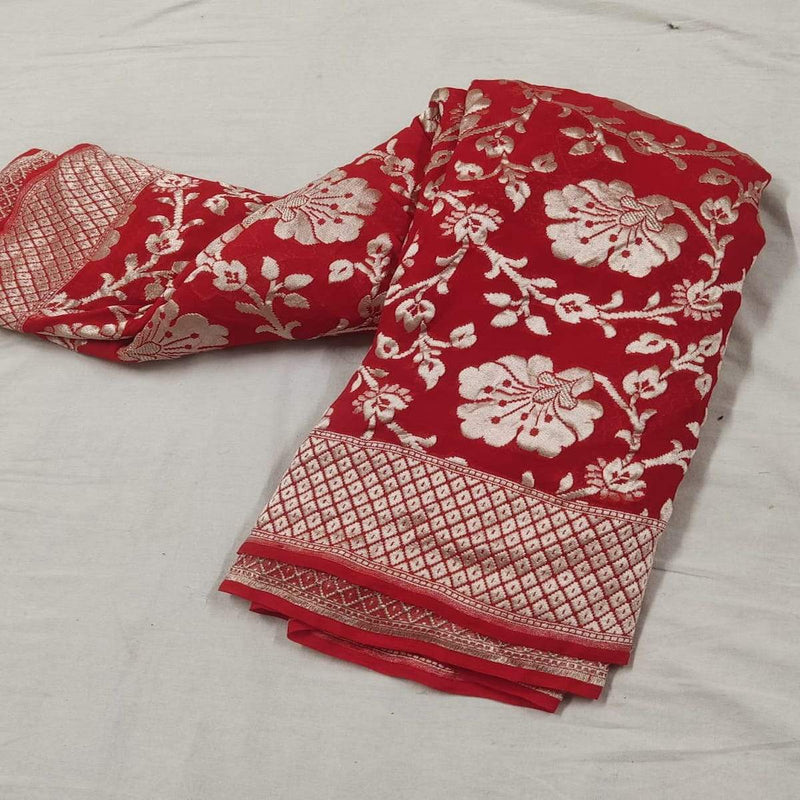 Red Banarasi Saree With Flower Jaal - jhakhas.com