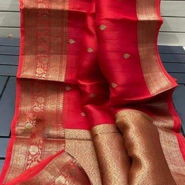Red Banarasi Semi Kora Organza Saree, Buy Organza Silk Saree , Zari Border Saree