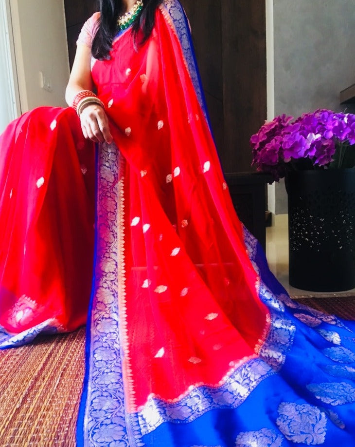 Blue & Red Khaddi Banarasi Chiffon Saree - jhakhas.com