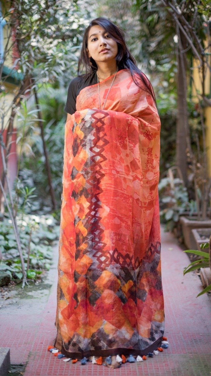 Bengal Linen Saree In Peach,Shop Linen Saree Online,Buy Floral Print At Best Rate