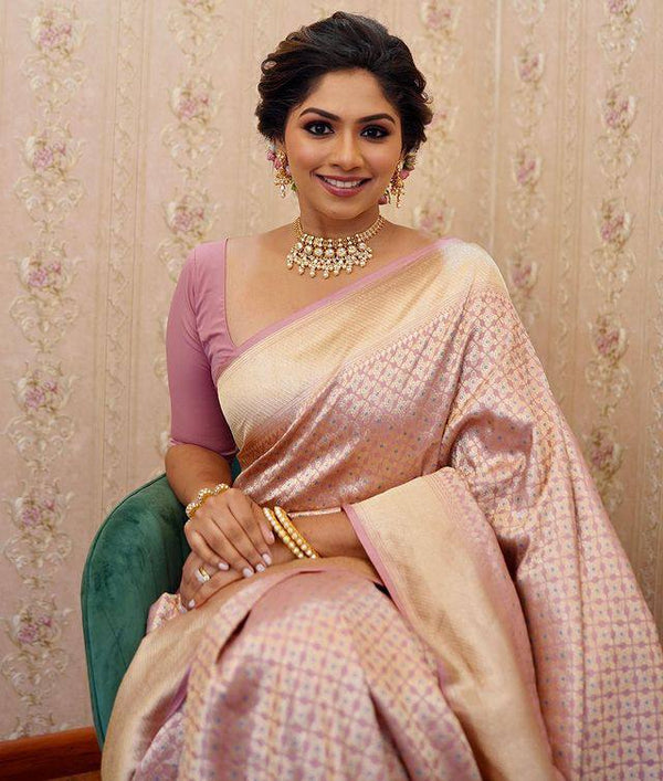 Rose Gold Banarasi Soft Silk Saree With Blouse