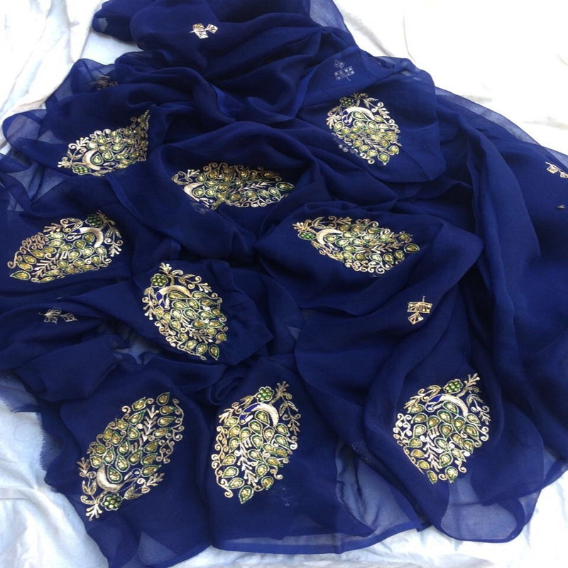 Kundan Work Pure Chiffon Saree In Blue,Buy Now,Traditional Saree,Shop Now,Bandhej Saree