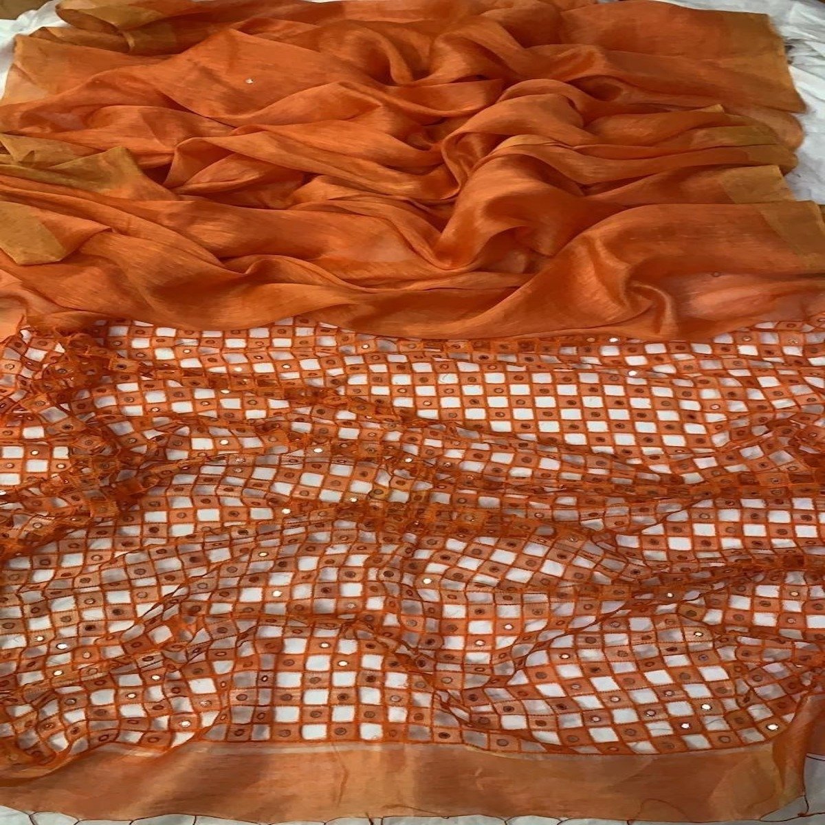 Rust Silk Linen Cutwork Saree ,Linen Sarees Online, Linen partywear Sarees Online