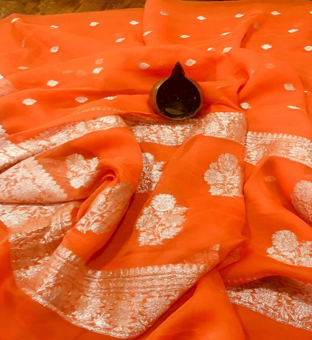 Saffron Banarasi Khaddi Georgette Saree,Wedding Saree, Indian Sarees, Online Sarees