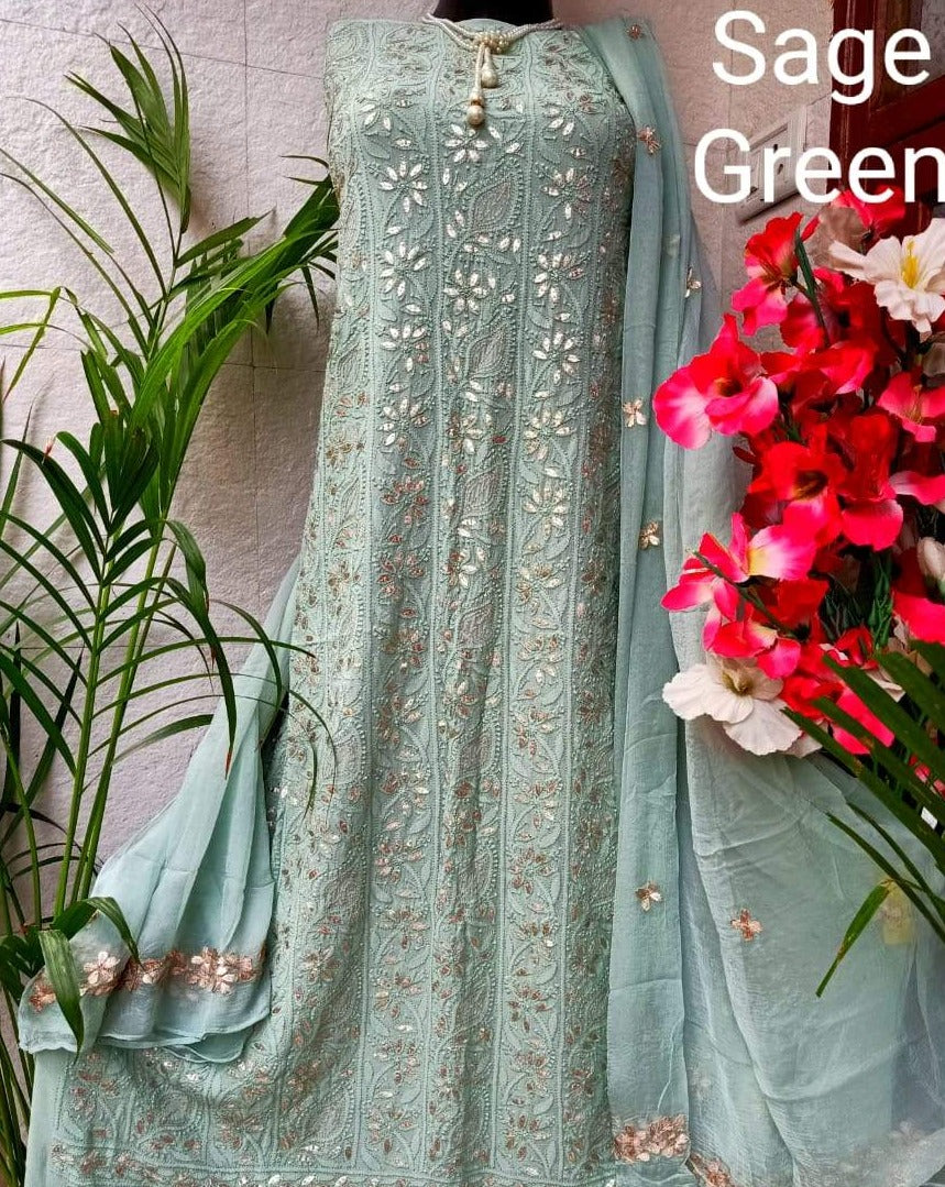Sage Green Chikankari Gota Salwar Suit,Shop Chikankari Unstitched Suits,Buy Chikan Suit Latest Design