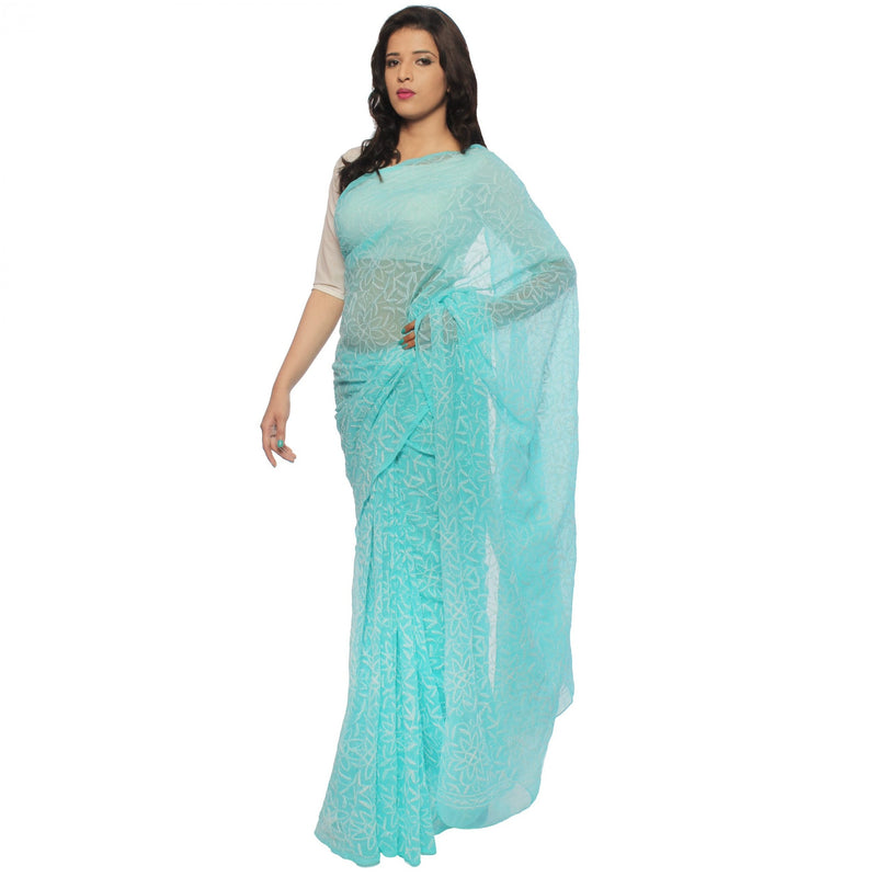 Sky Blue Lucknowi Tepechi Work Saree,Chikankari saree from lucknow, Chikankari saree online