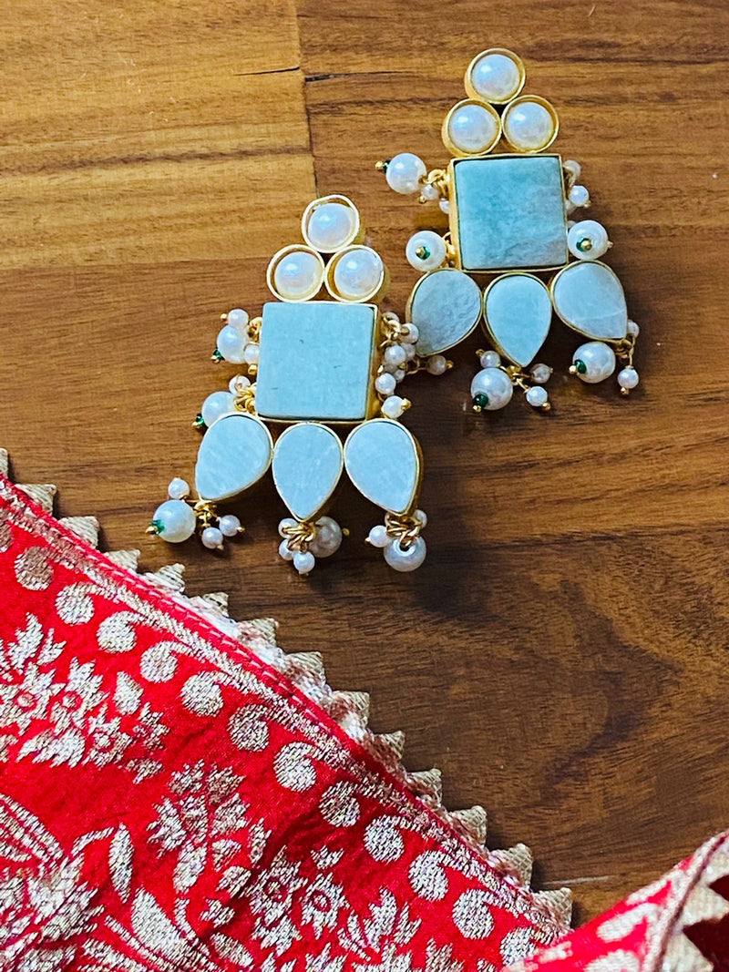 Sea Blue Raw Stone Earring, Stone Earrings , Marbel Earrings